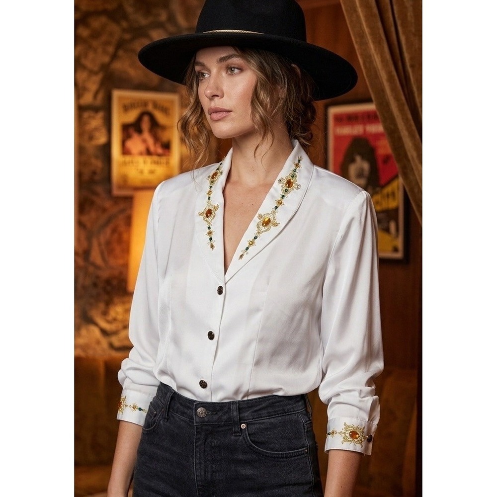 VTG MIKADO White Satin Blouse Sz 10 Beaded Rhinestone Western Glam Maximalism